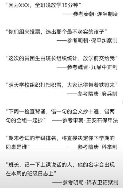 这是一张纯文字搞笑梗图，将当代中小学常见的班级管理措施，逐一对应类比中国古代不同朝代的各类制度：将个别学生犯错全班受罚对应秦朝连坐制、小组投票选出违纪学生对应明朝保甲纠察制、班长统计贫困生对应魏晋九品中正制、要求学生自带工具参与校园劳动对应隋唐府兵制、背诵出错连带全组受罚对应宋朝王安石保甲法、考试排名决定座位分配对应隋唐科举制、记录违纪学生纳入班级日志对应明朝锦衣卫诏狱制，通过这种穿越式的错位类比，调侃吐槽部分校园管理措施的特点，趣味性较强，容易引发有相关校园经历用户的共鸣。