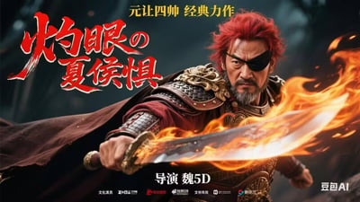 这是一张AI生成的搞笑玩梗伪电影海报，主体是红头发、佩戴独眼眼罩的古风武将夏侯惇形象，他身着铠甲，手持刀身缠绕火焰的长刀，表情严肃凶悍，朝向镜头做出进攻姿态。海报文字玩双重谐音梗：将日本动漫IP《灼眼的夏娜》谐音为“灼眼の夏侯惧”，同时契合三国人物夏侯惇（字元让，独眼的经典设定）的特点，还标注了虚构的“元让四帅 经典力作”“导演 魏5D”宣传语，底部排列多个虚构出品方标识，右下角带有“豆包AI”的生成水印，整体是结合三国历史人物与日系动漫IP的恶搞二创内容。