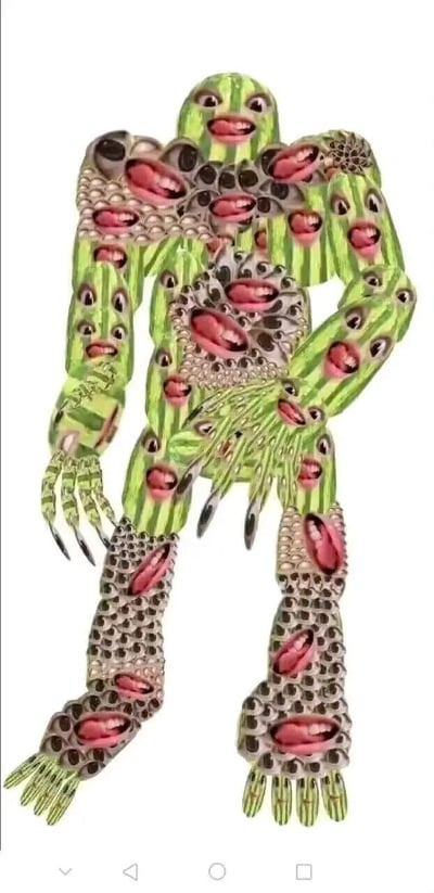 这是一幅AI生成的竖屏怪异人形生物图像，生物整体呈现人形站立姿态，身体由绿黑条纹纹理和类似鳞片的纹理拼接构成，全身各处密集分布着大量重复的人类眼睛与张开的红色嘴唇，四肢末端是尖锐的爪状结构，整体视觉效果猎奇诡异，给人强烈的不适感，无谐音梗或双关暗示。