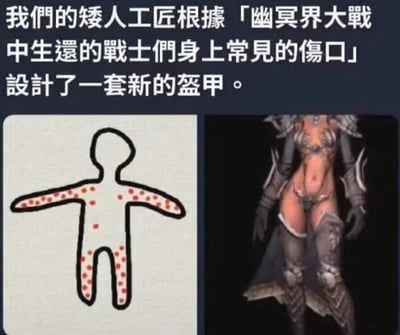 这张梗图通过左右对比的方式，幽默地吐槽了奇幻题材中不切实际的女性盔甲设计。左侧是一个人体简笔画，全身布满红色圆点代表「幽冥界大战中生还战士们身上常见的伤口」；右侧则是一位穿着暴露盔甲的女性角色，盔甲恰好只覆盖了左侧简笔画中没有红点（伤口）的部位，而所有有红点（容易受伤）的关键部位反而完全暴露。这种设计形成了强烈的讽刺效果，暗示所谓的「新盔甲」实际上完全没有保护作用，只是为了满足视觉上的暴露需求。