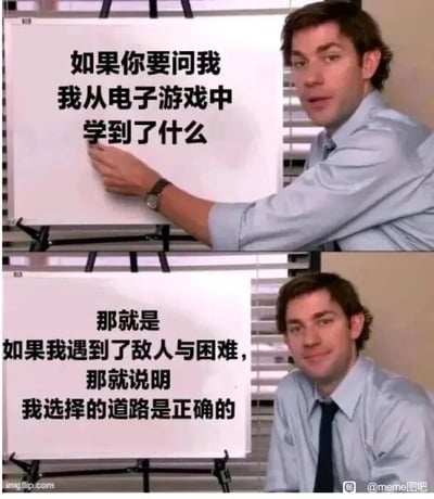 这是一张上下拼接的连环式图文混排梗图，采用了美剧截图模板进行二次创作。上图中，穿着衬衫领带的男性角色用手指向白板，白板上写着“如果你要问我 我从电子游戏中 学到了什么”，角色神态严肃，呈现出讲解的姿态；下图中，该角色面带轻松的微笑看向镜头，白板上的文字变为“那就是 如果我遇到了敌人与困难，那就说明 我选择的道路是正确的”。这张图借用电子游戏里的经典逻辑——玩家遇到敌人往往意味着正走在通关的正确路径上，将其类比到现实生活，用幽默的方式传递出“遇到困难不必气馁，反而说明方向正确”的积极心态，把游戏里的体验转化为励志的生活感悟，让严肃的道理变得诙谐易懂。