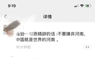 这是一张社交媒体动态截图，发布者引用了一句观点：“不要嫌弃河南，中国就是世界的河南”。这句话将河南在中国的处境类比为中国在世界的处境，以此反击针对河南的地域偏见，表达河南如同中国一般，拥有深厚的底蕴却常被外界误解的现状，为河南正名。