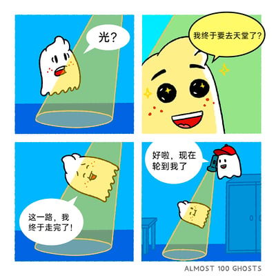 这是一则四格搞笑卡通漫画，第一格中，一只小幽灵看到一束投射下来的光，疑惑地发出“光？”的疑问；第二格，小幽灵被光束覆盖，眼睛里冒出星星，兴奋地以为自己即将前往天堂，说道“我终于要去天堂了？”；第三格，小幽灵沉浸在自我感动中，感慨“这一路，我终于走完了！”；第四格，真相揭晓，另一只戴着红帽子的小幽灵手持手电筒，正是这束光的来源，它开心地说“好啦，现在轮到我了”，而之前的小幽灵则一脸呆滞地掉在光束下方，原来所谓的“天堂之光”只是一场整蛊，红帽子幽灵只是想自己体验站在光束里的感觉。