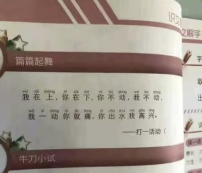图片展示了一本打开的语文教材页面，页面上方有"篇篇起舞"标题，中间是一段具有明显性暗示的谜语："我在上，你在下，你不动，我不动，我一动你就痛，你出水我高兴。——打一活动"，下方有"牛刀小试"标题。右侧部分可见"识文"、"解字"等文字，推测为语文学习类教材。该谜语内容低俗，不适合出现在教育材料中。