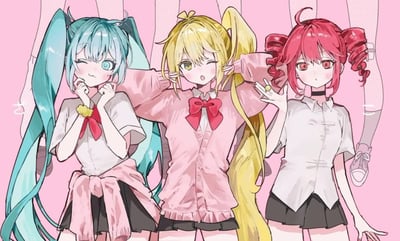 这是一幅ACG同人插画，画面中是三位知名虚拟歌手：蓝发双马尾的初音未来、金发双马尾的镜音铃、红发双卷马尾的重音teto，她们身着校园风制服，白衬衫搭配黑色百褶短裙，初音未来将粉色针织衫系在腰间，镜音铃穿着粉色针织开衫，重音teto则是简约白衬衫。三人的动作神态各有特色：初音未来单眼wink抿嘴，双手托在脸颊旁，尽显俏皮可爱；镜音铃单眼wink张嘴，双手举在头部两侧摆出搞怪姿势，活力满满；重音teto单手做出手势，表情平静淡然。背景为柔和的粉色，整体画风软萌细腻，是对虚拟歌手角色的校园风二次创作，无谐音梗或暗示内容。