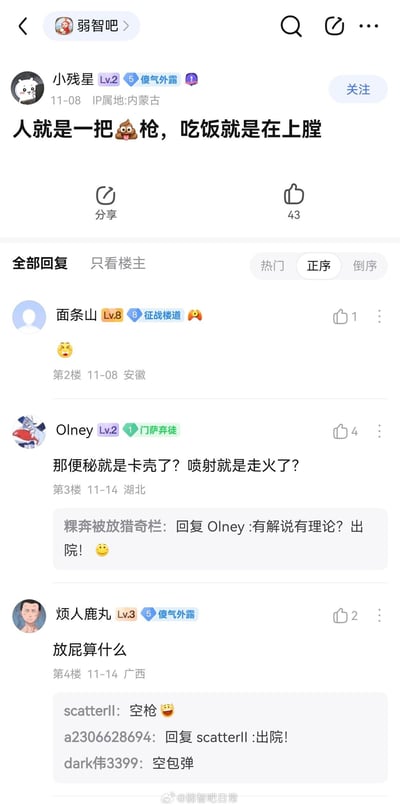 这是一张来自“弱智吧”的社交媒体截图，用户“小残星”发布了内容为“人就是一把💩枪，吃饭就是在上膛”的帖子，用粪便表情构建低俗幽默隐喻。帖子获43赞，评论区用户“Olney”延伸隐喻调侃“便秘就是卡壳了？喷射就是走火了？”，其他用户以“出院”“空枪”等戏谑回复接龙，画面包含用户名、等级、IP属地、发布时间及互动数据。