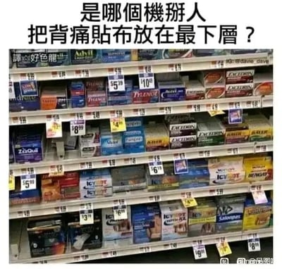 这是一张超市药品货架的实拍照片，货架多层隔板上摆满了不同品牌、不同包装的背痛贴布、止痛贴类商品。图片顶部添加了吐槽文字“是哪个机掰人把背痛贴布放在最下层？”，点出了一个极具讽刺性的不合理场景：需要使用背痛贴布的人群大多背部存在不适，弯腰去拿货架最下层的商品会加剧背部的疼痛和负担，这种完全不符合目标用户需求的商品摆放方式，很容易引发有类似经历的人的共鸣，用幽默的吐槽放大了生活中这种不合理的小细节。