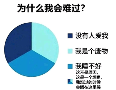 一张幽默风格的悲伤原因分析图，上方标题为“为什么我会难过？”，中间是一个三色饼图，右侧有对应颜色的文字说明。前三项分别是“没有人爱我”（深蓝色）、“我是个废物”（浅蓝色）和“我睡不好”（蓝绿色）。最后一项用相同的蓝绿色方块标注“这不是原因，这是一个墙角，我难过的时候会蹲在这里哭”，通过视觉双关将饼图的一角巧妙转化为“墙角”的意象，形成自嘲式幽默。