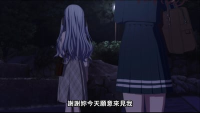 夜晚的户外场景中，两位女性角色背对着镜头站立。左侧角色有着长紫色卷发，穿着格子连衣裙，背着红色小包；右侧角色穿着深色带白色条纹的校服裙，背着棕色书包。画面底部有中文字幕：'謝謝妳今天願意來見我'，营造出平和的对话氛围。