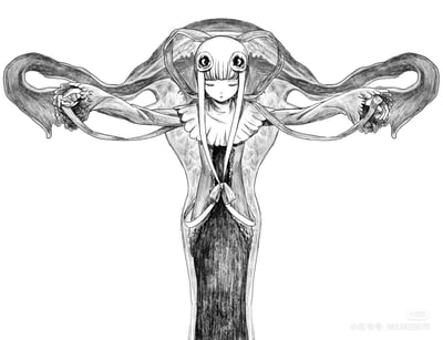 这是一幅黑白手绘风格的奇幻拟人化插画，将海洋生物蝠鲼与人类少女形象融合：少女双眼闭合，神态宁静，头顶整合了蝠鲼的头部结构，蝠鲼的双眼长在头顶位置，少女的双臂与蝠鲼的双翼完全融合，双臂展开握住翼的末端。少女身着带有荷叶边立领、蝴蝶结装饰的复古风格长裙，整体造型兼具少女的柔美与海洋生物的奇异感，细腻的线条与阴影塑造出独特的诡异又静谧的氛围。