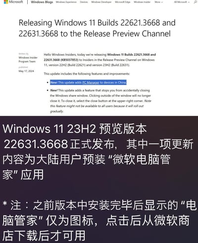 图片展示了微软官方博客发布的Windows 11版本更新公告截图，标题为“Releasing Windows 11 Builds 22621.3668 and 22631.3668 to the Release Preview Channel”，发布于2024年5月17日。公告内容显示向Release Preview通道用户推送Windows 11 22H2和23H2版本更新，核心改进包括为中国设备添加PC Manager应用，以及防止意外关闭共享窗口的功能（点击窗口外区域不再关闭窗口，需通过右上角关闭按钮操作）。图片下方配有中文说明文字，重点指出Windows 11 23H2预览版本22631.3668正式发布，针对大陆用户预装“微软电脑管家”应用，并备注此前版本中该应用仅显示图标，需从微软商店下载后使用。