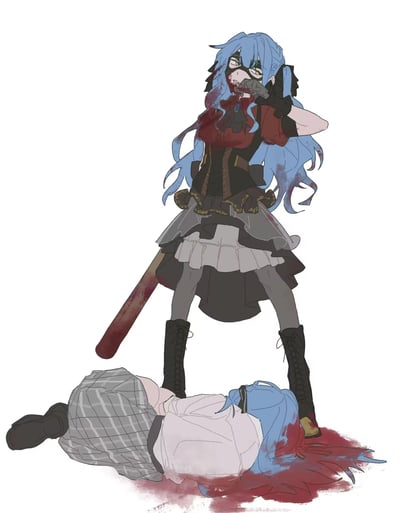 插画中展示了一个蓝发少女，她戴着黑色眼罩，身穿哥特式风格的黑色与红色服装，手持一根沾满鲜血的棒球棒。她的嘴角带有血迹，表情疯狂而扭曲，一只手做出类似“嘘”的手势。在她脚下，另一个有着相同蓝色头发的角色倒在地上，身穿灰色格子裙和白色上衣，周围有血迹蔓延。整个画面采用了简洁的白色背景，突出展示了这两个角色和暴力场景。