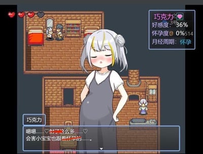 这是一张成人向像素RPG游戏的屏幕截图，画面主体是名为“巧克力”的银发双马尾怀孕女性角色，她闭着双眼，单手叉腰，脸上带着羞涩又担忧的神情。画面上方是游戏内的像素风格房间场景，有两名像素小人在互动；右侧悬浮着角色状态面板，清晰显示巧克力的好感度为36%、怀孕度为0%514、月经周期状态为怀孕；下方的对白框中是巧克力的台词：“嗯嗯……射了这么多……会害小宝宝也跟着怀孕的……”，这段台词包含低俗的性暗示，同时是对怀孕知识的错误认知，属于游戏设计的荒诞擦边剧情。