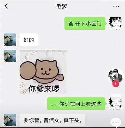 这是一张竖屏的微信聊天记录截图，对话发生在孩子和父亲之间。孩子先发消息请求父亲帮忙开小区门，父亲回复‘好的’后，紧接着发送了一张带有‘你爹来啰’配文的猫咪搞笑表情包，玩起了网络梗。孩子无奈地吐槽父亲‘。。你少在网上看这些’，父亲则紧跟网络潮流，用当下的网络热词回怼孩子‘要你管，普信女，真下头。’，整个对话充满了家庭互动的趣味性，展现出父亲紧跟网络潮流、和孩子玩梗的轻松搞笑的亲子关系。