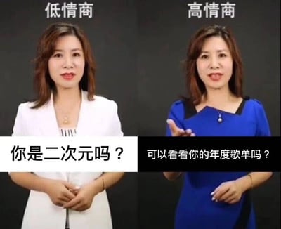 这是一张基于“低情商vs高情商”网络模板创作的对比梗图，整体为左右分栏的静态布局。左侧栏顶部标注“低情商”，画面中是一位身着白色西装的真人女性，双手交叠放在身前，表情平静，下方配文“你是二次元吗？”；右侧栏顶部标注“高情商”，同一位女性换穿蓝色连衣裙，一只手抬起做出邀请的手势，面带笑意，神态亲和，下方配文“可以看看你的年度歌单吗？”。该梗图的核心笑点在于，直接询问对方是否是二次元显得直白且可能让对方感到突兀，而通过请求查看年度歌单的方式，能够委婉地从歌单中的动漫相关歌曲判断对方是否属于二次元圈层，用更得体、不唐突的方式打探个人喜好，以此调侃和展现所谓“高情商”的沟通技巧，是针对二次元圈层的趣味化社交梗改编。