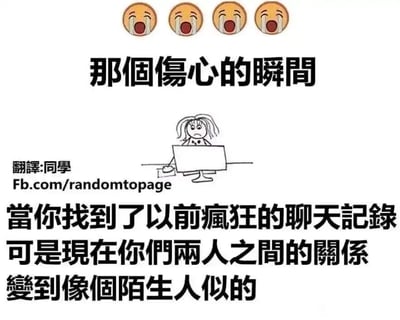这是一张主打情感共鸣的图文内容图，顶部整齐排列着四个大哭的表情符号，渲染出悲伤的氛围；中间是一幅简笔画，画中是一个头发凌乱、神情低落沮丧的卡通人物，正坐在桌子前看着面前的电脑；下方配有戳中情绪的文案，描述了一种令人伤感的日常场景：当翻找出曾经和某人无比热络、聊天频繁的记录时，却发现如今彼此的关系已经疏远，形同陌生人，精准击中了很多人面对人际关系变淡时的失落情绪。图片左侧标注了内容的翻译者为“同学”，来源为Facebook的randomtopage账号。