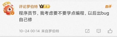 这是一张社交媒体平台的评论截图，发布于10月24日程序员节当天00:14，用户「评论罗伯特」发布了这条首评，内容为「程序员节，我考虑要不要学点编程，以后出bug自己修」。发言以调侃的语气，表达了普通使用者面对软件bug时的无奈，以及想自己动手解决的趣味想法，贴合程序员节的氛围，容易引发有过被bug困扰经历的网友共鸣，没有双关或谐音梗。
