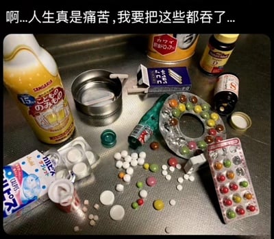 图片上方配有文字'啊…人生真是痛苦，我要把这些都吞了…'，下方展示了一个金属托盘，上面散落着各种物品，包括Sangaria饮料瓶、印有日文的肝油补充剂罐、Nature's Mark维生素D瓶、蓝色香烟盒、金属烟灰缸、绿色瓶装物品、彩色圆形药片以及药片泡罩包装等。整体通过将日常物品（部分看似药品或保健品）与夸张的绝望文字结合，形成一种幽默自嘲的效果，表达对人生痛苦的戏谑式抱怨。
