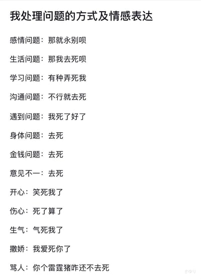 这是一张竖屏纯文字梗图，以「我处理问题的方式及情感表达」为标题，罗列了面对感情、生活、学习、沟通等各类现实问题，以及开心、伤心、生气等不同情绪状态时的极端自嘲式表述，所有内容都围绕「死」相关语句展开，用夸张戏谑的方式调侃当代人在面对各种生活状况时的摆烂心态，充满搞笑与无奈的氛围。