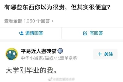 社交媒体问答板块截图，核心问题为'有哪些东西你以为很贵，但其实很便宜？'，下方显示1,950条回答。用户'平易近人搬砖猫'（简介：中华小当家/猫奴/北漂单身狗）以'大学刚毕业的我。'作为回答，通过自嘲方式暗示毕业生群体可能被外界低估价值，形成幽默反差效果。