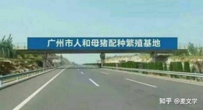 这是一张经过P图改编的高速公路跨路桥标语照片，标语内容为“广州市人和母猪配种繁殖基地”。图中的笑点来自文字歧义：广州确实存在“人和镇”，正常断句应为“广州市人和镇 母猪配种繁殖基地”，但标语故意未做断句，让路过者第一眼会误解为“人和母猪”放在一起，形成荒诞搞笑的效果。