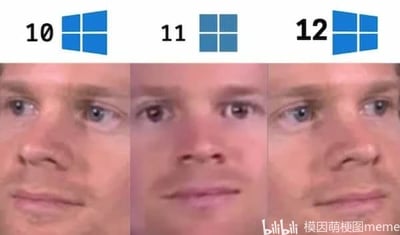 这是一张多图拼接的图文混排梗图，上方依次展示Windows 10、Windows 11、Windows 12的官方系统标志，下方对应三张人脸：Windows 10对应神态自然放松的人脸，Windows 11对应五官比例怪异违和、神态不自然的人脸，Windows 12对应恢复自然放松状态的人脸。该图通过拟人化的方式，调侃不同Windows系统版本的使用体验，暗示Windows 11的使用感受不如前后版本，而Windows 12回归了良好的使用体验，是针对系统版本差异创作的搞笑meme内容。