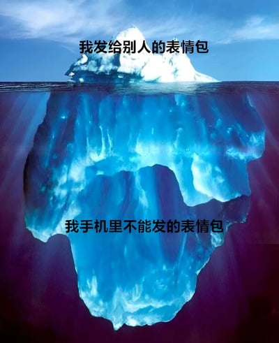 这是一张使用冰山图片制作的梗图，通过冰山的特性来幽默地表现人们发送表情包的社交现象。图片上半部分露出水面的小部分冰山配有文字“我发给别人的表情包”，而水下巨大的冰山主体则配有文字“我手机里不能发的表情包”，形成鲜明对比，暗示人们实际拥有的表情包数量远多于敢于发送给他人的数量。