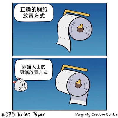 这是一组两格对比类卡通漫画，用幽默的方式展现养猫人士的日常小烦恼：
1. 第一格展示常规认知里的「正确厕纸放置方式」，厕纸向外悬挂，是大众普遍使用的放置形式；
2. 第二格展示「养猫人士的厕纸放置方式」，厕纸向内卷着贴在纸架上，旁边还有一只调皮得意的卡通猫咪探出头。因为猫咪有拉扯厕纸的天性，这种向内放置的方式能避免猫咪把厕纸扯得到处都是，精准吐槽了养猫人在生活细节上的被迫改变，真实又搞笑。