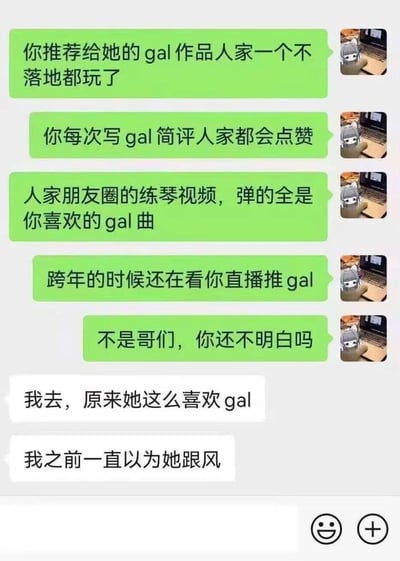这是一张聊天记录梗图，图中一方不断列举女生的行为：玩男生推荐的所有Galgame、点赞男生的Galgame简评、弹奏男生喜欢的Galgame曲目、跨年看男生推Galgame的直播，试图点破女生是因为喜欢男生才这么做，但男生却完全没get到暗恋信号，反而以为女生只是热爱Galgame，还感慨之前以为女生是跟风，完美诠释了钢铁直男的迟钝，充满搞笑和无奈的氛围。