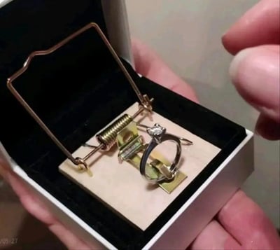 这是一个充满恶搞趣味的创意整蛊戒指盒，将老鼠夹的机关结构完整装进了戒指盒内部，把一枚带钻戒指放置在老鼠夹的触发点位上。当有人打开盒子想要拿起戒指时，就会触发老鼠夹的机关，很可能被夹到手，用这种夸张的形式调侃求婚或婚姻像“陷阱”一样，充满玩梗的趣味。