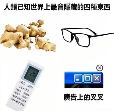 这是一张网络搞笑梗图，顶部配有标题“人类已知世界上最会隐藏的四种东西”，下方对应摆放了四样大众普遍认为经常容易找不到、很难发现的物品：第一样是生姜，日常生活中切碎的生姜常和其他食材混在一起难以区分；第二样是黑框眼镜，近视人群摘下眼镜后经常很难找到它的位置；第三样是空调遥控器，居家时经常随手放置后就找不到踪影；第四样是网页、APP广告上的关闭叉号，很多广告会把关闭按钮设计得非常隐蔽，很难被用户找到点击。整张图用贴近生活的共性经历玩梗，很容易引发网友共鸣。