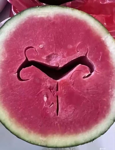 这是一张西瓜的横截面实拍图，西瓜果肉呈现饱满的深红色，在果肉中心位置，天然形成了一个酷似耐克（Nike）品牌Swoosh标志的凹陷空腔结构，下方还有一道竖缝，让这个巧合的图案显得格外有趣，仿佛是天然的“品牌联名”水果，充满了意外的趣味感。