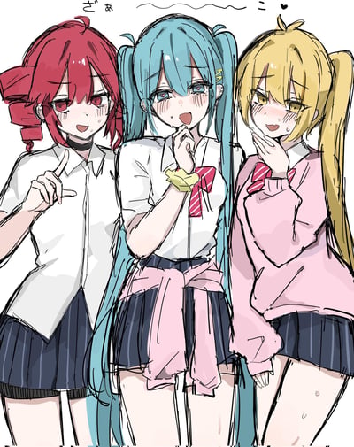 这是一幅手绘风格的同人插画，画面呈现了VOCALOID的三位经典双马尾角色——重音Teto、初音未来、镜音铃，她们身着校园制服，脸颊泛红、带着汗珠，眼睛化作爱心形状，露出害羞又花痴的神情：重音Teto比出手势，初音未来和镜音铃则手放在嘴边，整体氛围生动展现了少女们看到心仪对象时的慌乱心动状态。图中无谐音梗或双关内容。