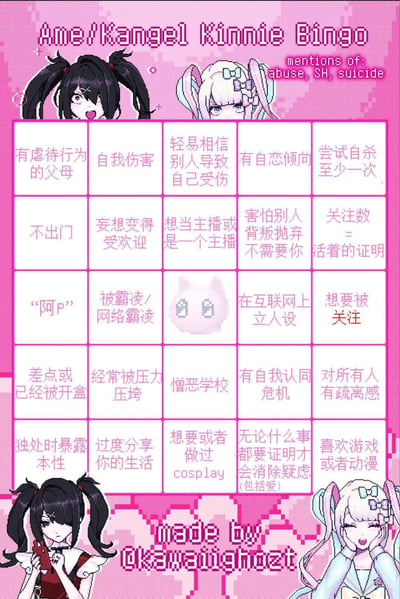这是一张粉色背景的动漫风格Bingo游戏图，标题为"Ame/Kangel Kinnie Bingo"。顶部有两个动漫少女角色，一个黑发双马尾表情兴奋，一个白发双马尾表情平静。图中包含一个5x5的Bingo表格，每个格子内有不同的中文描述，内容多与心理健康问题相关，如"有虐待行为的父母"、"自我伤害"、"被霸凌/网络霸凌"等。图片顶部有英文警告文字提示包含虐待、自我伤害和自杀内容。底部有创作者署名"made by Okawaidighozt"。