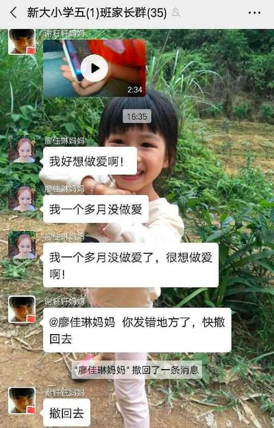 这是新大小学五(1)班微信家长群的聊天记录截图，群成员廖佳琳妈妈误将露骨的私人内容发送到了家长群中，连续发送三条内容为“我好想做爱啊！”“我一个多月没做爱”“我一个多月没做爱了，很想做爱啊！”的消息，随后群内的谢钎钎妈妈立刻提醒她发错了地方，让她撤回消息，廖佳琳妈妈撤回了一条消息后，谢钎钎妈妈再次催促她撤回剩余消息。整个场景是典型的社交失误导致的社死事件，尴尬氛围拉满，不存在双关、谐音梗或暗示内容，就是单纯的消息发送错误引发的尴尬状况。