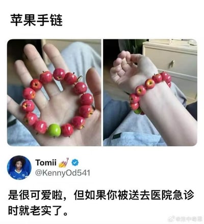 这是一张图文混排的搞笑梗图，顶部标注标题“苹果手链”，上方为左右拼接的实拍图：左图中一只手摊开，展示了一串由多颗迷你仿真红苹果搭配1颗迷你仿真青苹果串成的装饰手链，造型精巧可爱；右图是同款手链佩戴在手腕上的效果展示。图的下方搭配了海外社交平台用户Tomii的发言内容，吐槽这款手链虽然好看，但如果佩戴者去医院急诊做相关医学检查时，手链上的迷你苹果造型容易被误判为体内的异物，脑洞十足充满笑点。