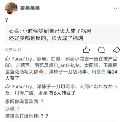 这是一张社交媒体截图，展示了用户"薯条条条"发布的一条幽默内容："石头: 小时候梦到自己长大成了祸患 还好梦都是反的，长大成了福瑞"。截图中包含了这条帖子的完整内容、发布时间以及点赞和转发信息，下方还有其他用户的评论互动。