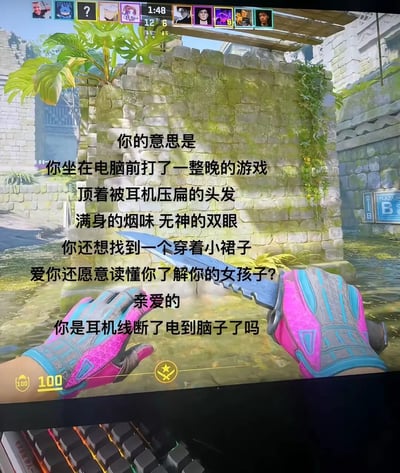 这张图片是一张CS:GO（反恐精英：全球攻势）游戏的第一人称视角截图，屏幕上传奇粉红蓝手套和匕首十分抢眼。而画面正中央覆盖着一段调侃式的文字，内容是质疑一个游戏玩家在沉迷一晚电脑游戏、状态颓废后，竟然还想有女生愿意真正理解并喜欢自己。最后一句“你是耳机线断了电到脑子了吗”属于爆梗吐槽，讽刺极强，整体语气既幽默又略带自嘲，表现出年轻玩家群体的网络自黑风格。

暗示梗/双关：
“耳机线断了电到脑子”是网络上对沉迷游戏或行为让人无法理解的人的经典调侃，暗指玩家思维脱线。