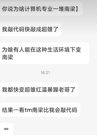 一张聊天记录截图，内容是计算机专业学生的吐槽。用户提到“为啥计算机专业一堆南梁”，表示自己“敲代码快敲成超雄了”，困惑“为啥有人能在这种生活环境下变南梁”，还说“我都快变超雄红温暴躁老哥了”，最后无奈“结果一看tm南梁比我会敲代码”。其中“南梁”可能是网络 slang，“超雄”疑似指因压力大变得强势，“红温”是网络用语表示情绪激动、愤怒。
