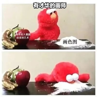两张上下拼接的Elmo木偶梗图。上半部分中，红色Elmo坐在桌前，桌上摆放香蕉、苹果和一堆白色粉末，上方文字标注“有才华的画师”，左侧文字为“所有人都能欣赏的艺术”，粉末旁标注“画色图”；下半部分Elmo脸朝下埋入白色粉末中，双眼圆睁，姿态显得疲惫不堪。通过上下对比，幽默讽刺了有才华的画师却往往只能靠创作低俗内容（色图）获得关注的无奈现象。