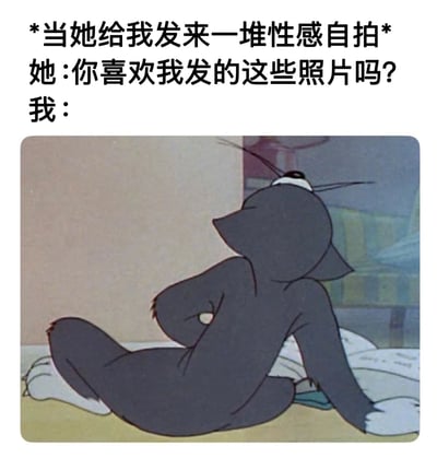 这是一张幽默梗图，上方文字描述了一个场景：当女生发来一堆性感自拍并询问对方是否喜欢时，男生的反应通过下方的汤姆猫图片来表现。图中汤姆猫侧身坐着，头转向一侧避开视线，爪子放在身前，姿态显得尴尬又想回避，用卡通角色的经典动作来幽默表现男生面对这种问题时的不知所措和害羞心理。