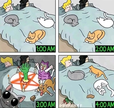 这是一组四格连环漫画，以时间推进的方式展现深夜里猫咪的状态变化：1:00 AM和2:00 AM时，四只猫咪（灰猫、白猫、橘猫）安静地和一对主人一起躺在床上睡觉，主人也处于熟睡状态；3:00 AM时画风突变，猫咪们仿佛在举行诡异的召唤仪式：床上出现五芒星阵与蜡烛，绿色巨手从阵中伸出，一只猫咪穿着紫色猫装张牙舞爪，橘猫呕吐出不明物体，灰猫瞪大双眼，场面混乱夸张；4:00 AM时，猫咪们看似恢复正常睡姿，但床上留下了粑粑，白猫姿势怪异，床底还露出之前的绿色巨手，主人依旧毫无察觉地熟睡。漫画用夸张的“召唤仪式”剧情调侃猫咪半夜突然闹腾的反常行为，精准还原了养猫人面对猫咪深夜搞事的真实无奈。
