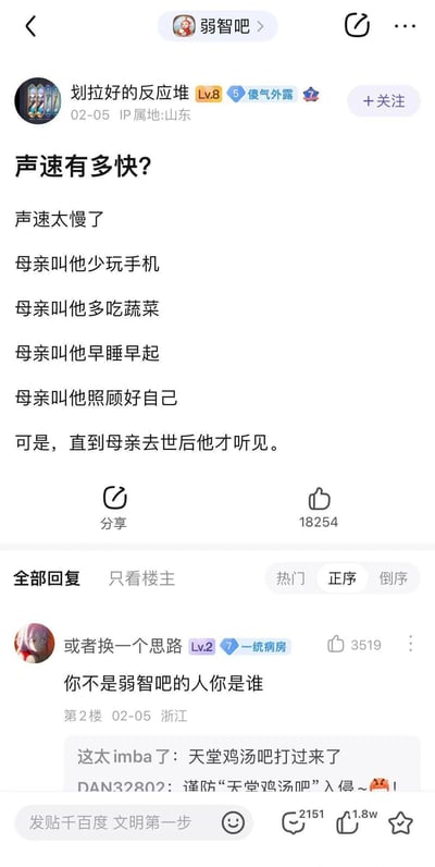 这是一张百度贴吧“弱智吧”的帖子截图，用户“划拉好的反应堆”发布了一则以亲情为内核的伤感段子，标题为“声速有多快？”，内容用“声速太慢”隐喻自己在母亲生前没能重视母亲的叮嘱，直到母亲去世后才幡然醒悟，内容为“声速太慢了，母亲叫他少玩手机，母亲叫他多吃蔬菜，母亲叫他早睡早起，母亲叫他照顾好自己，可是，直到母亲去世后他才听见”。该帖子获得了18254个点赞，热门回复中用户“或者换一个思路”调侃楼主“你不是弱智吧的人你是谁”，还有其他回复调侃该内容是“天堂鸡汤吧”入侵，与弱智吧一贯的无厘头风格形成反差。