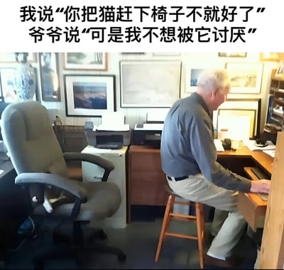 图片展示了一位白发爷爷为了不被猫咪讨厌，宁愿自己坐在小板凳上使用电脑，而让猫咪舒服地占据了宽大的办公椅。上方文字记录了一段对话："我说'你把猫赶下椅子不就好了'爷爷说'可是我不想被它讨厌'"，展现了爷爷对猫咪的温柔与包容。