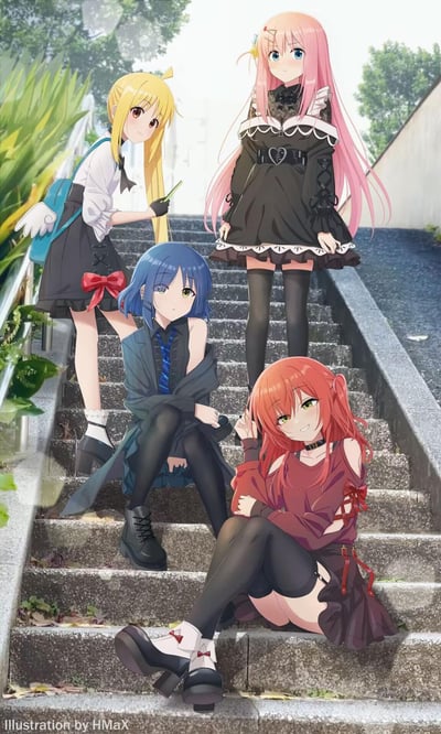这是一幅《孤独摇滚！》的同人原创插画，画面中后藤独、伊地知虹夏、山田凉、喜多郁代四位少女身处户外的石阶场景，全员换上了偏哥特风格的精致日常穿搭，姿态各异：后藤独站在石阶上略带羞涩，伊地知虹夏拿着手机微笑看向同伴，山田凉慵懒地坐在石阶上，喜多郁代则俏皮坏笑地坐在最下方，整体氛围轻松惬意，像是好友结伴出行的闲暇时刻。