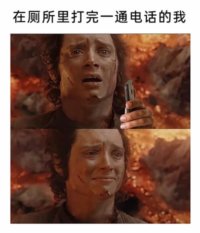 这是一张改编自《指环王3：王者归来》影视截图的梗图，采用上下两图拼接的形式。上方图中，经历过摧毁魔戒磨难的弗罗多满脸疲惫、带着恍惚的震惊感，手里被P上了手机，背景是末日火山的火海；下方图里，他皱着眉头，脸上带着委屈又强撑着的难过神情。配文“在厕所里打完一通电话的我”，用弗罗多完成史诗使命后身心俱疲的状态，精准比喻人们在厕所接完压力巨大的工作电话、或是令人糟心的私人电话后，整个人被情绪消耗、仿佛经历了一场浩劫的状态，极易引发人们在日常被消耗时的情绪共鸣。