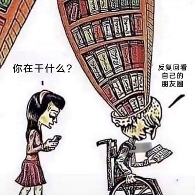 这是一幅经过文字加注二次创作的卡通讽刺漫画，画面左侧是一位穿着裙装、手持手机的年轻女性，她侧头向右侧的老人发问“你在干什么？”；右侧是一位坐在轮椅上的老人，他的头顶被设计成一个装满书籍的开放式书架，象征着过往的大量记忆与内容，老人手持手机，回应“反复回看自己的朋友圈”。这幅图用老人衰老的形象和代表过往的书架脑袋，幽默地比喻当代人频繁回顾自己发布的社交动态、沉浸在过去的社交内容里的行为，充满自嘲和调侃意味。