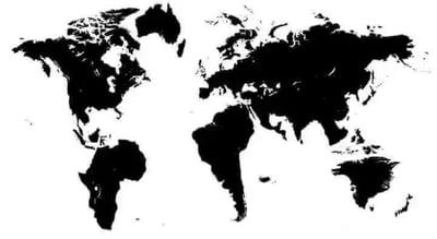 这是一张风格化的静态黑白世界地图，将常规世界地图的陆地与海洋配色进行反转，原本的陆地区域以白色呈现，海洋区域以黑色填充，清晰展现了全球各大洲的轮廓分布，整体视觉效果简洁独特，属于对标准地图的创意改编，没有双关、谐音梗等隐含内容。