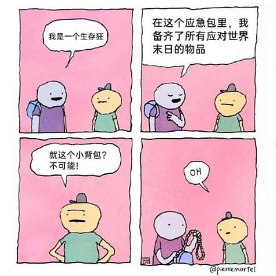 这是一则四格连环卡通漫画，剧情围绕两个角色展开：
1. 蓝灰色背包角色向黄色角色自我介绍：“我是一个生存狂”
2. 他接着声称自己的小背包里备齐了应对世界末日的所有物品
3. 黄色角色叉腰，满脸质疑地表示：“就这个小背包？不可能！”
4. 蓝灰色角色从背包里拿出一根绳子，黄色角色见状发出“OH”的惊叹。
漫画通过荒诞的反转制造喜剧效果，所谓的“末日应急物品”仅为一根绳子，用夸张的方式调侃了生存狂的设定，没有双关、谐音梗或暗示内容。