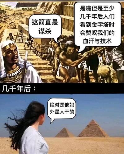 这是一张上下结构的对比搞笑漫画，上半部分呈现了虚构的古埃及建造金字塔的场景：一位身着华丽服饰的古埃及贵族模样的人吐槽建造工作“这简直是谋杀”，而正在辛苦拉拽重物的劳工（或管理者）则充满期待地表示，相信几千年后人们会赞叹他们的血汗与技术。下半部分则切换到几千年后的现代场景，一位女性背对镜头看着金字塔，脱口而出“绝对是他妈外星人干的”，形成了强烈的反差感，用幽默的方式讽刺了当下部分人忽视古埃及人的智慧与辛劳，将金字塔的建造归功于外星人的错误认知。